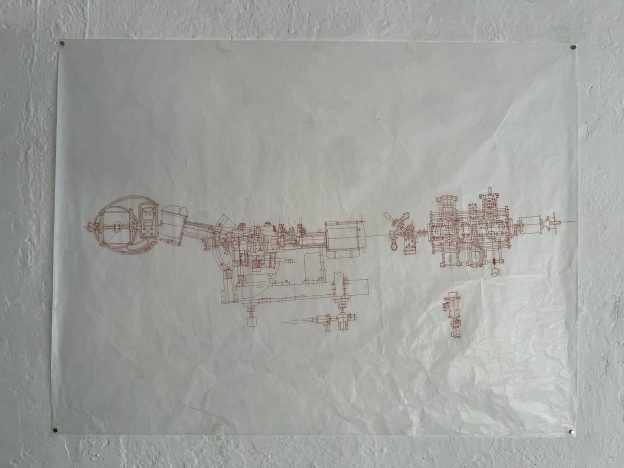 artwork by Karin Lingnau, showing a technical drawing of a fictional device 